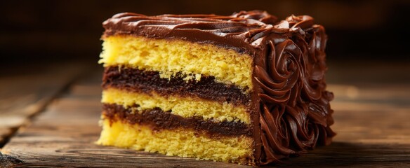 The Chocolate Layer Cake Slice with Rich Frosting on Rustic Wooden Surface © Studio Nova