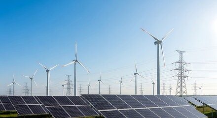 A vast expanse of wind turbines and solar panels, showcasing a sustainable energy landscape under a clear, bright sky.
