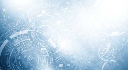 A complex, abstract graphic design showcases interconnected circular and geometric shapes in soft light blue and white tones, evoking a sense of futuristic technology.