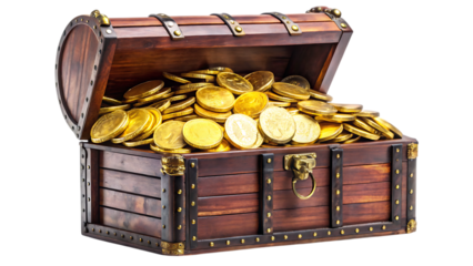 Opened Treasure Chest Filled with Gold Coins – Isolated on White or Transparent Background, PNG, AI Generated