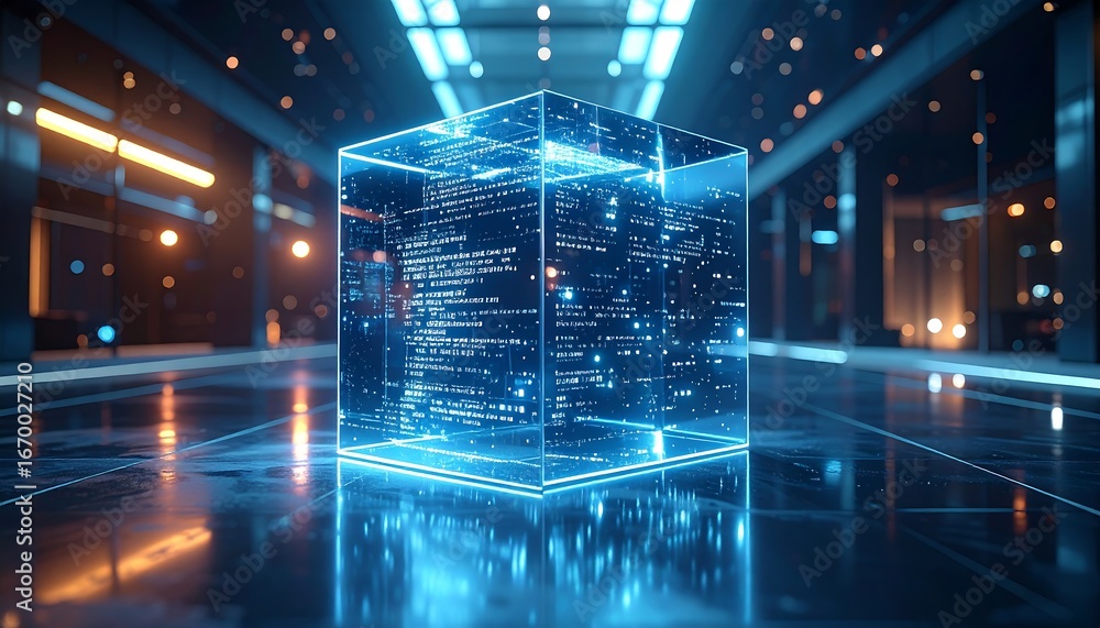 Poster futuristic data cube, high tech abstract scene with glowing blue cube and reflected lights, data cen