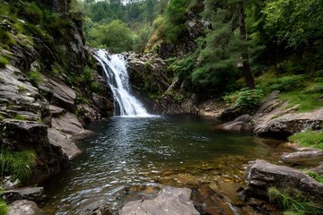Fototapeta premium Waterfall wide view evokes serene power with lush forest and rugged rocks surrounding.