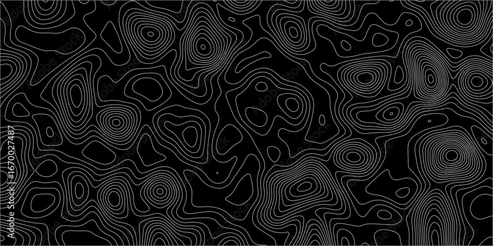 Poster abstract white on black background with topographic line map pattern. abstract wavy and curved lines