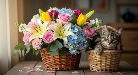 Obraz premium Adorable Kitten and Spring Flower Bouquet in Baskets.