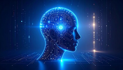 Digital Mindscape: A Blue Conceptual AI Head with Circuitry, Futuristic AI Humanoid Brain and Neural Network Interface with Digital Code Streams