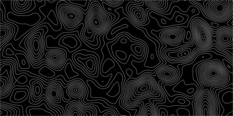 Abstract white on black background with Topographic line map pattern. abstract wavy and curved lines background. linear map. Dark seamless design. Bold tile able isolines pattern. Vector illustration.