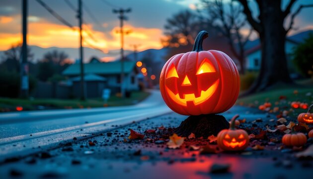 A Halloween themed scene featuring a jack o' lantern pumpkin placed outdoors on a road