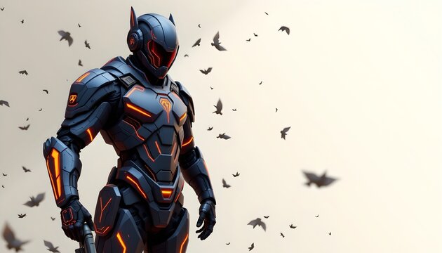 This is a digital artwork featuring a humanoid robot characterized by glowing eyes, angular design elements, and a detailed mechanical suit with intricate patterns