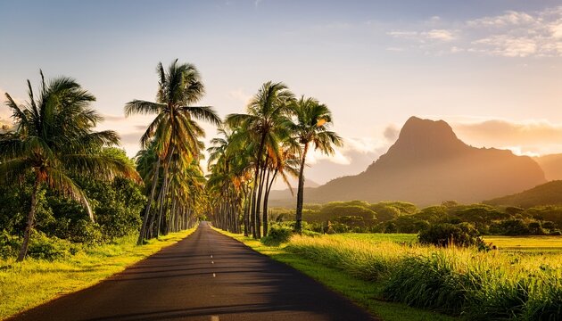 a picturesque road lined with tall palm trees in bel ombre mauritius bathed in warm sunset light with lush greenery and distant mountains in the background