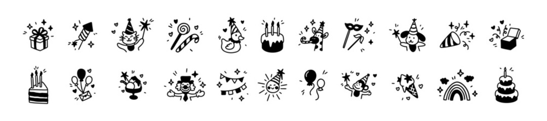 Set of cute line doodle outline children birthday icons. Hand drawn sketch vector illustration. Happy kids party celebration. Birthday cake with candles, firecracker, confetti. Whimsical drawing