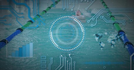 Swimmer backstroking in pool, fading data gauge appearing with tech circuit lines and chart pulsing - Powered by Adobe