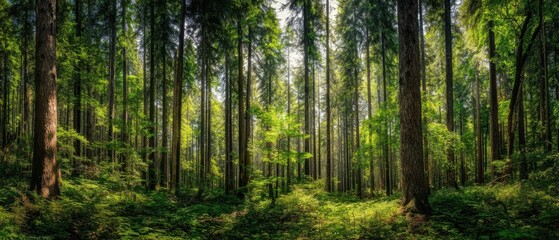 Obraz premium The Forest of Towering Pines and Sunlit Mossy Understory in Panoramic View