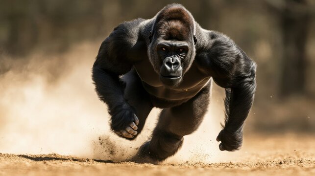Powerful gorilla sprinting on dusty terrain with intense focus and strength