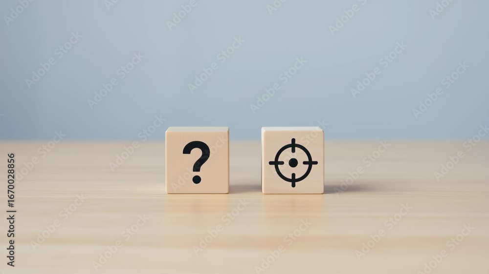 Aufkleber question mark and target symbol wooden blocks table representing business target alignment concept w