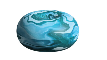 A marbled blue and white orb with a swirling pattern on a plain white background in soft light