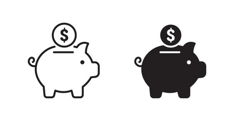 Pig, Piggy bank icon set in outline and silhouette style 