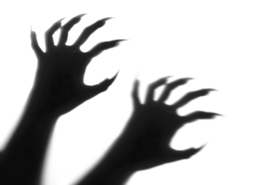 Shadow overlay effect for halloween background with Terrifying scary hands with long nails,Creepy monster claw,silhouette of hands,zombie hand rising out of a graveyard