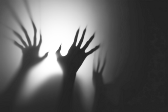 Shadow overlay effect for halloween background with Terrifying scary hands with long nails,Creepy monster claw,silhouette of hands,zombie hand rising out of a graveyard