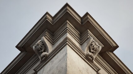 Intricate stonework details on a building's corner with classic architectural elements and soft lighting.