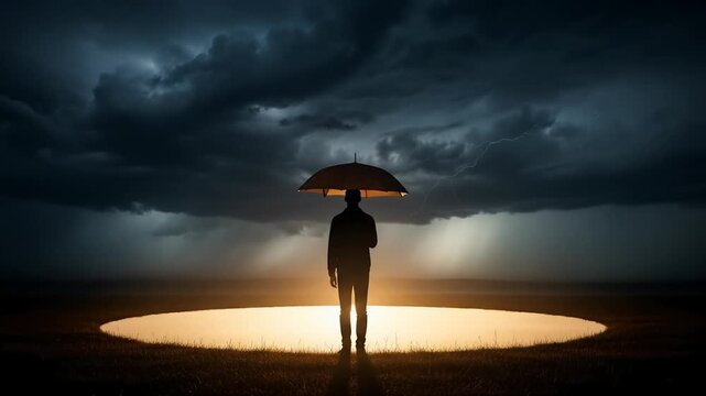 The silhouette of a man standing under an umbrella in the middle of a nighttime thunderstorm.
