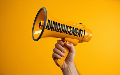 Fototapeta premium Hand holding an orange megaphone with the word announcement written on it against a yellow background