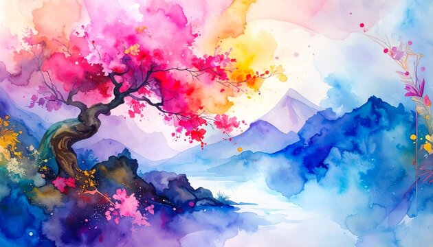 beautiful abstract bonsai tree painting, graphic resource