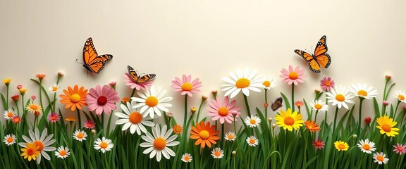 Vibrant paper-cut daisy field, colorful butterflies, spring flowers, grass border, digital, vector
