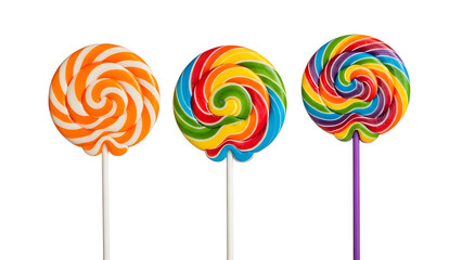 Colorful swirl lollipops candy sweet treat confectionery sugar dessert spiral round stick isolated background on transparent background