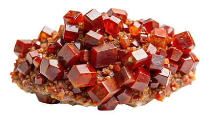 Vanadinite Raw Crystal Cluster with Bright Red Hexagonal Crystals on Natural Brown Matrix – Isolated on Transparent Background, AI Generated