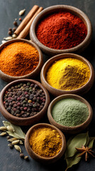 Fototapeta premium Assortment Of Colorful Ground Spices In Wooden Bowls With Cardamom And Peppercorns: Vibrant Culinary Ingredients For Cooking And Food Preparation