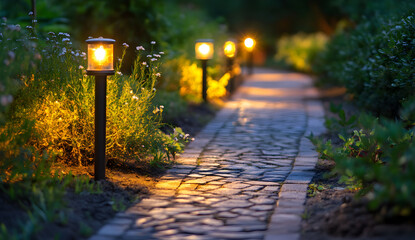 Illuminated pathway guides visitors through lush garden at twilight, creating a serene and inviting atmosphere with soft, warm light casting gentle shadows.