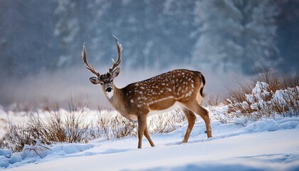 spotted buck in a snowy landscape