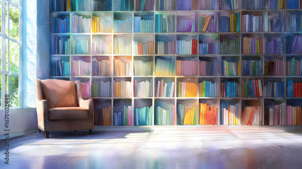 Aufkleber cozy reading nook features comfortable chair beside colorful bookshelf filled with books. sunlight s