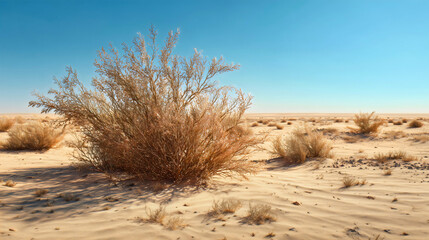 A lonely tumbleweed in a dry desert landscape, a barren and arid wilderness, a symbol of solitude and the wild west, a scene of drought, heat and isolation under a clear blue sky.