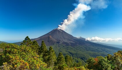 a majestic volcano gently emits a cloud of white smoke into the clear blue sky rising above a lush green forest and distant mountains in the scenic landscape