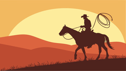 Silhouette of a cowboy riding a horse at sunset over a prairie landscape.