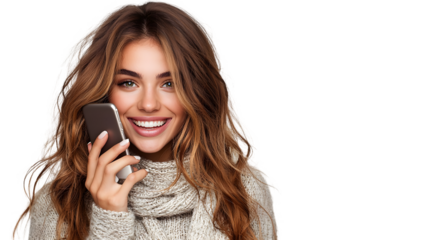 Happy woman using cell phone isolated on a transparent background