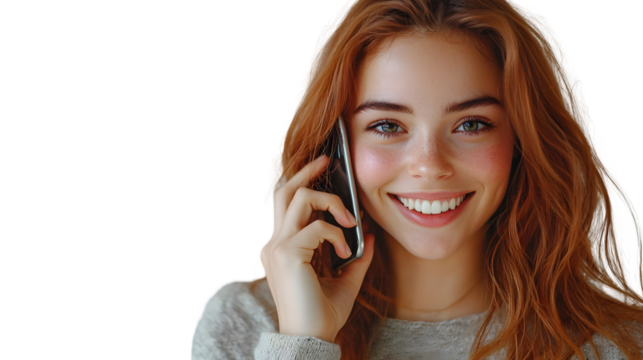 Happy woman using cell phone isolated on a transparent background