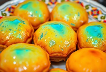 Fototapeta premium Close-up of vibrant, glistening Moroccan pastries on a decorative plate, semolina, gastronomy