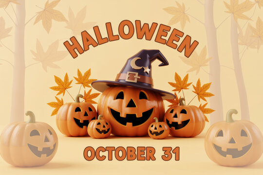 Delightful Halloween Gathering with Pumpkins and Witch Hat A Festive Composition for October 31st with Trees and Autumnal Foliage