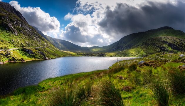 a tranquil and peaceful mountain lake nestled within vibrant greenery of gap of dunloe and under dramatic fluffy clouds beautifully capturing the serene beauty of nature kerry ireland