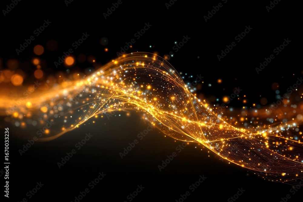 Poster golden light trails flow in a wavy pattern, on a dark black background. use it for technology, scien