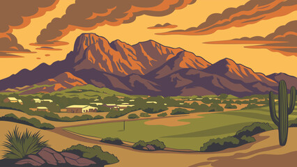 Sunset over desert landscape with mountains and cacti.