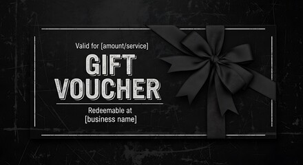 Elegant black gift voucher with a ribbon, ready for personalization with business details and amount.