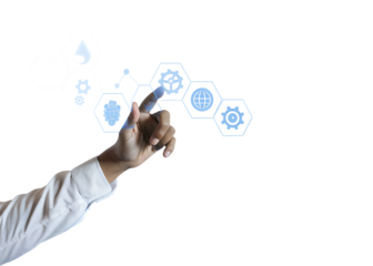 A hand interacting with futuristic AI technology icons, displayed in a clean and minimalistic graphic style on a white background. Concept of artificial intelligence and machine learning