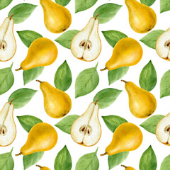 Obraz premium Yellow pears with leaves, watercolor seamless pattern on white background. Fruit illustration for fabric, scrapbooking, paper, packaging, cardboard box, invitation, card, wallpaper.