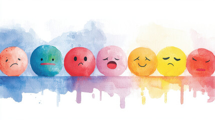 Colorful watercolor illustration of emotive spheres displaying various facial expressions, showcasing range of feelings and emotions
