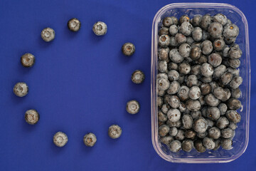 Plastic container with blueberries. Blueberries mimic the stars of the EU flag. Berries production and trade in the European Union. Copy space.
