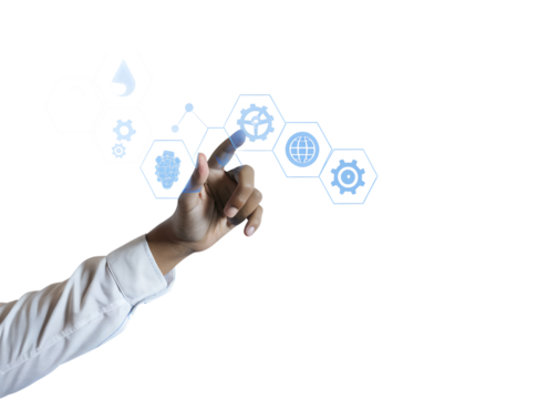 A hand interacting with futuristic AI technology icons, displayed in a clean and minimalistic graphic style on a white background. Concept of artificial intelligence and machine learning