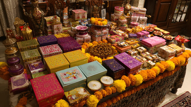 A beautifully decorated table filled with colorful bxes of Diwali sweets and gfts, ready to be exchangedamong friends and family. he table is adorned with mrigold flowers, diyas,